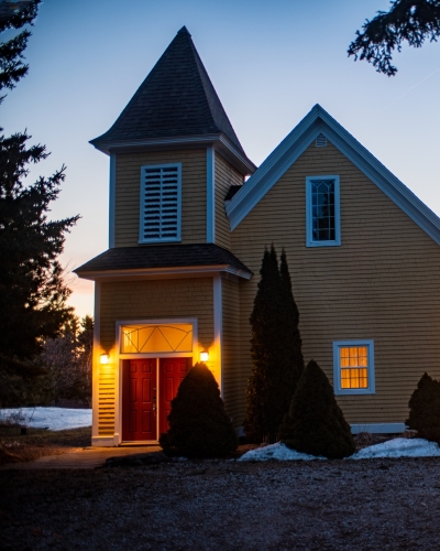 Exterior shot of Harrington House at dusk in winter